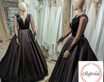 Vestido de novia gótico negro, vestido de novia negro de manga larga, vestido gótico, vestido de novia negro de encaje