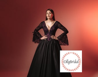 Black Satin Wedding Dress, Black Lace Wedding Dress, Purple Wedding Simple Dress, Halloween Black Wedding Dress, Gothic Bridal Dress