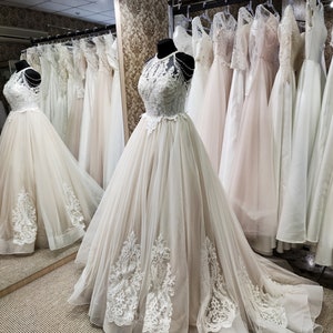 Unique Wedding Dress, Lace Wedding Dress, A-Line Bridal Gown, Blush Wedding Dress, Long Train Wedding Dress