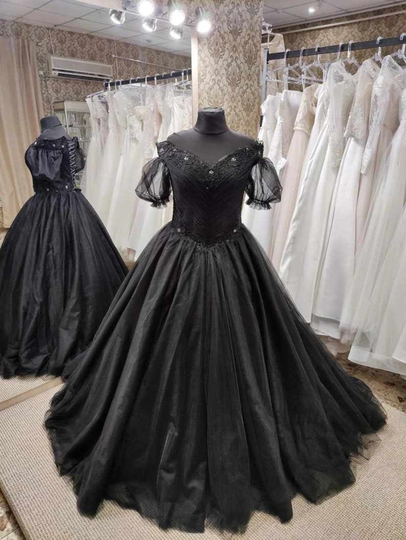 Gothic Black Wedding Dress, Black Lace Bridal Gown, Black Tulle Dress, Formal Lace Dress, Plus Size Bridal Gown image 2