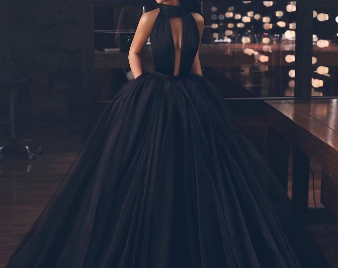 Black Wedding Dress Backless Black Tulle Long Evening Dress | Etsy