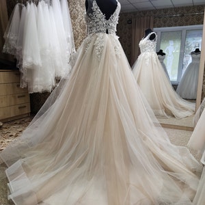 Elegant Wedding Dress, Romantic Bridal Dress, Long Train Wedding Dress, Boho Floral Lace Dress Deep V-neckline, Rustic Wedding Dress image 5