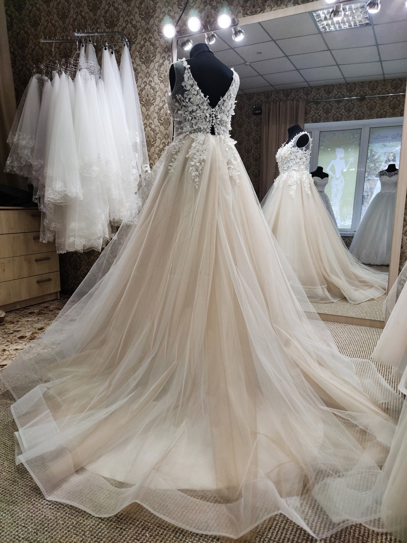 Elegant Wedding Dress, Romantic Bridal Dress, Long Train Wedding Dress, Boho Floral Lace Dress Deep V-neckline, Rustic Wedding Dress image 5