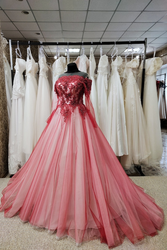 Red Lace Prom Gown, A-Line Prom Dress, Bridesmaid Dress, Red Tulle Prom Dress, A-Line Long Formal Dress