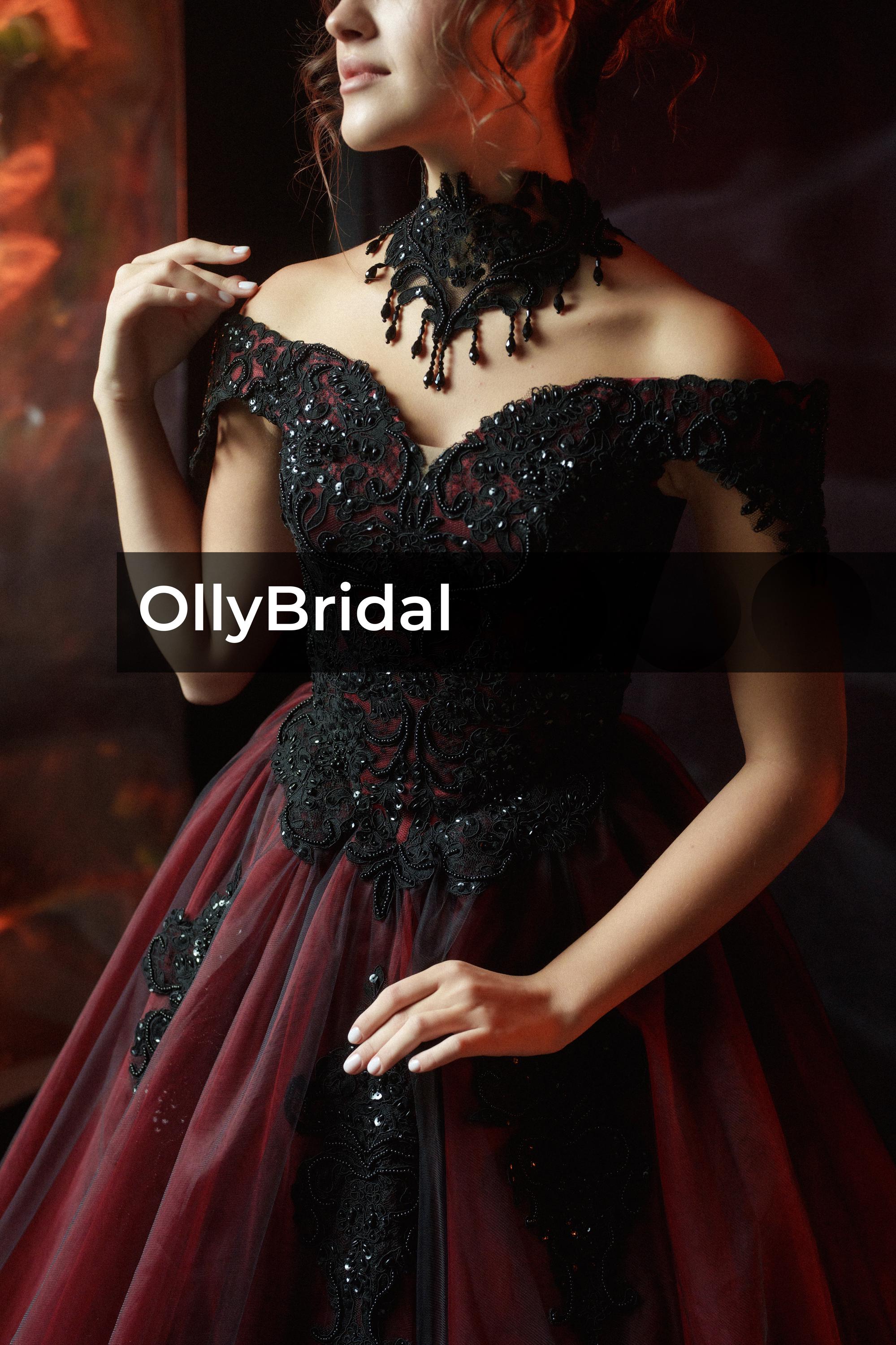 Black Red Bridal Dress, Black Gothic Wedding Dress, off Shoulder Black ...