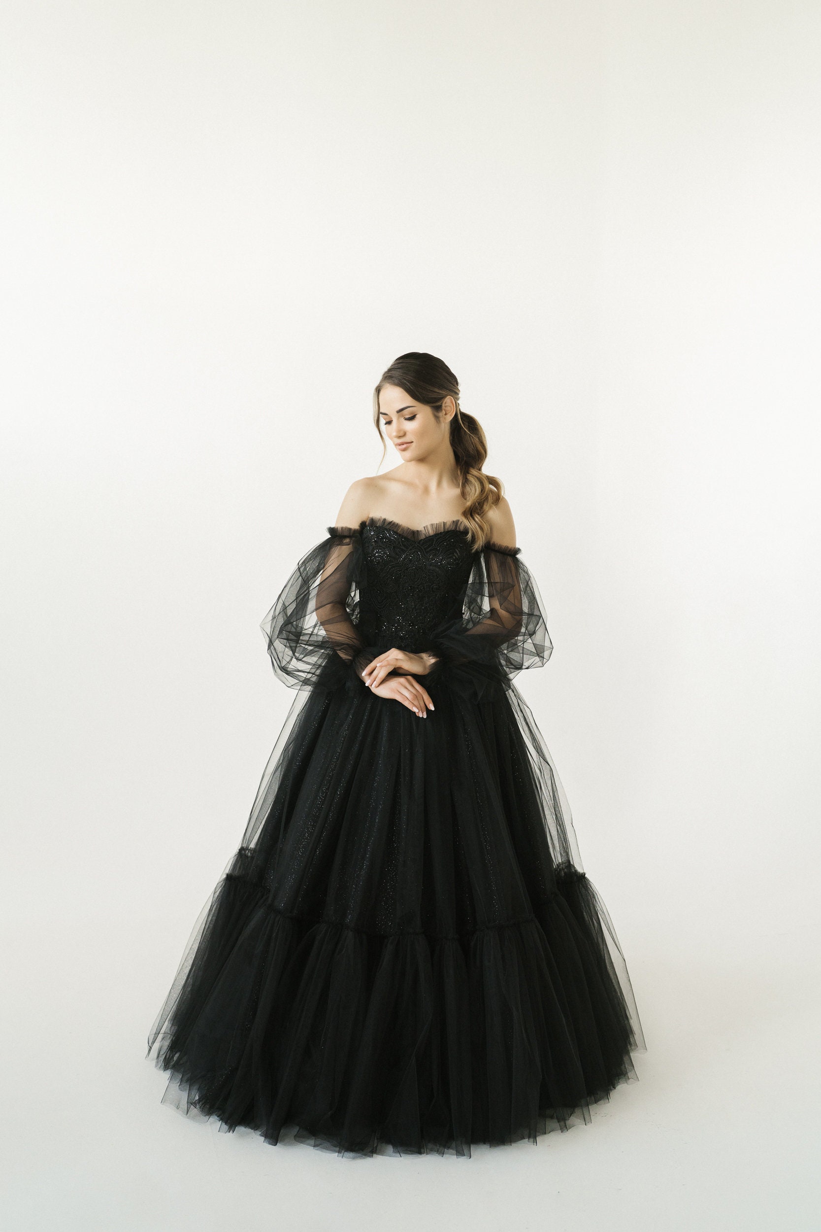 Black Engagement Bridal Gown, Off Shoulder Corset Dress, Black Bridal Gown, Halloween Black Wedding Dress,Gothic Bridal Dress
