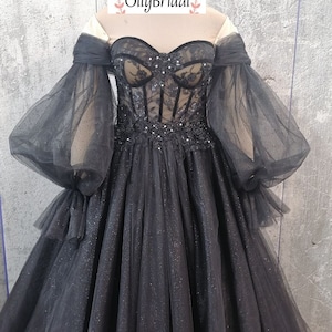 Black Wedding Dress,Tulle Black Dress, Off Shoulder Bridal Gown, Halloween Black Wedding Dress, Sparkle Black Wedding Dress