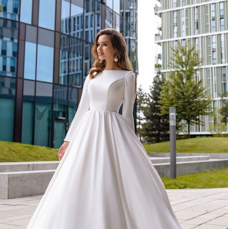 Satin Long Sleeves Wedding Dress Elegant Dress Romantic - Etsy