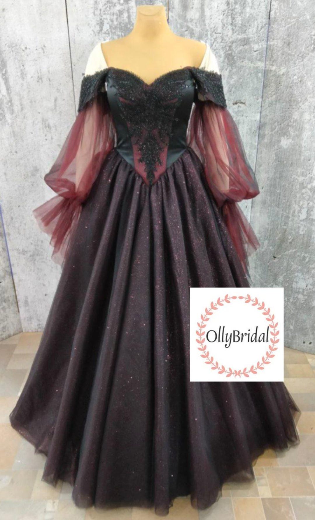 Black Burgundy Wedding Dress, Sleeve Wedding Gown, Gothic Wedding Dress, Black Lace Bridal Gown