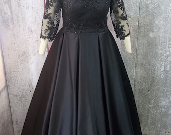 Abito da sposa nero, abito da ballo taglie forti, abito a maniche lunghe, abito da sposa alternativo, abito da ospite di nozze, abito da festa in raso