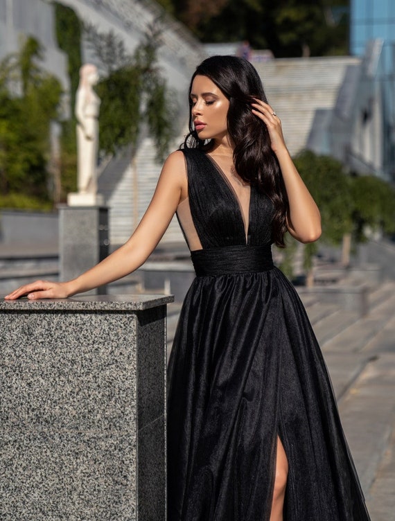 Simple V Neck Backless Black Long Prom Dresses with Double Slit