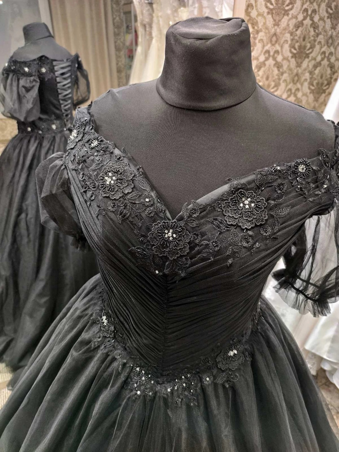 Gothic Black Wedding Dress, Black Lace Bridal Gown, Black Tulle Dress ...