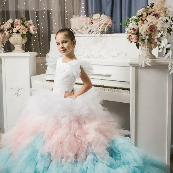 Blush Pink and Blue Flower Girl Dress, Birthday Wedding Party Bridesmaid Party  Flower Girl Dress, Tulle Lace Dress