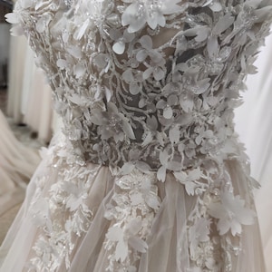 Elegant Wedding Dress, Romantic Bridal Dress, Long Train Wedding Dress, Boho Floral Lace Dress Deep V-neckline, Rustic Wedding Dress image 1