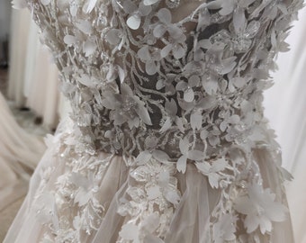 Elegant Wedding Dress, Romantic Bridal Dress, Long Train Wedding Dress, Boho Floral Lace Dress Deep V-neckline, Rustic Wedding Dress