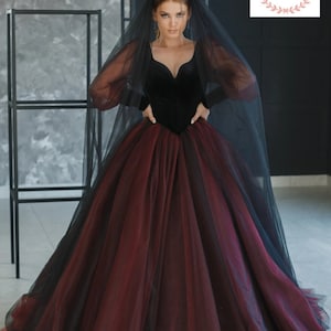 Gothic Black Wedding Dress,Halloween Black Wedding Dress, Long Sleeve Elegant Wedding Dress, Gothic Dress, Long Train Black Dress