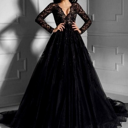 Black Bridal Gown Tulle Lace Dress 