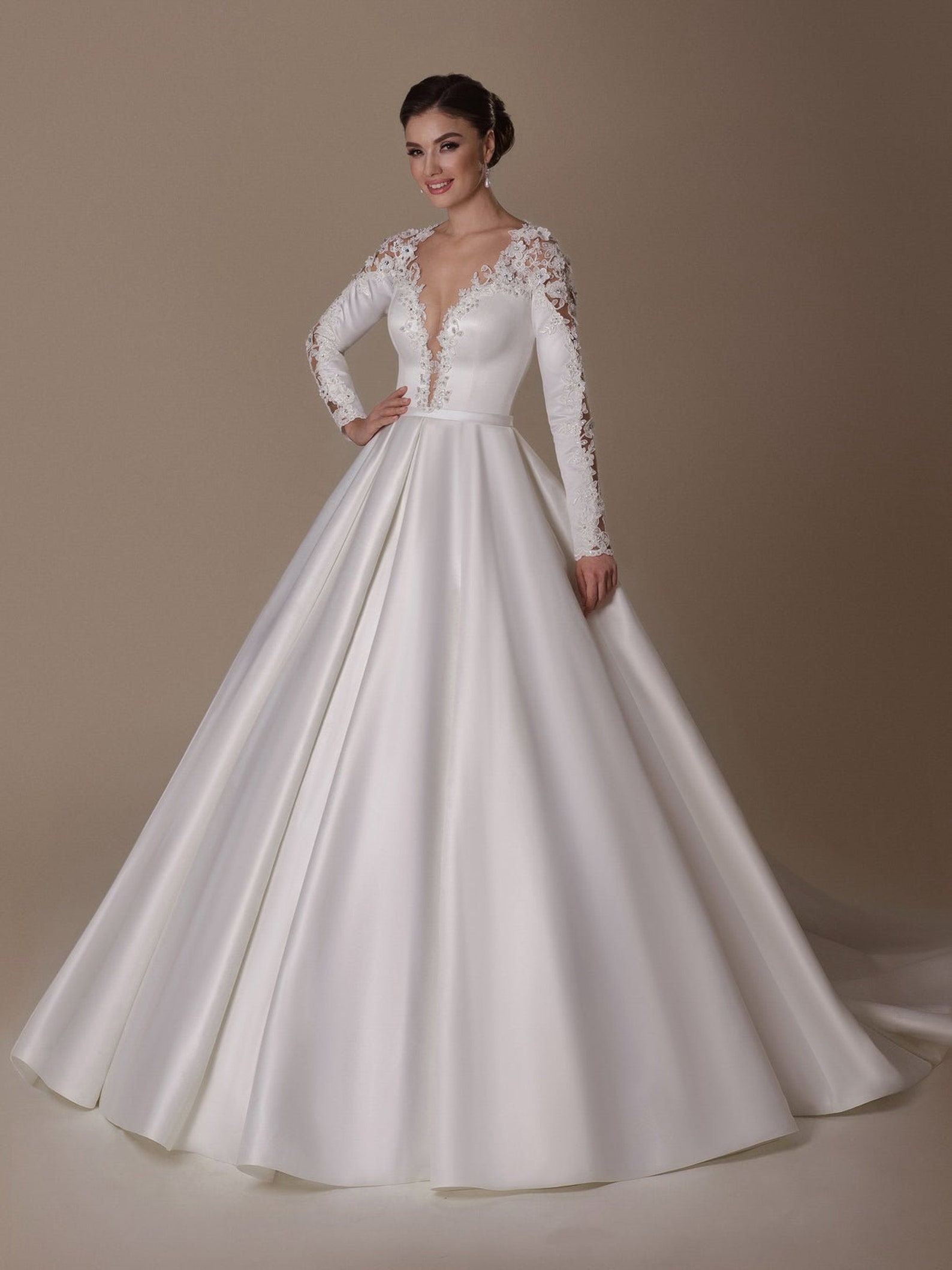 Satin Lace Wedding Dress Plus Size Bridal Gown Long Sleeves Etsy
