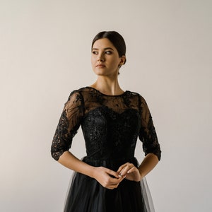Black Wedding Dress, Sleeve Prom Gown, Gothic Wedding Dress, Women Formal Dress, Puffy Evening Dress
