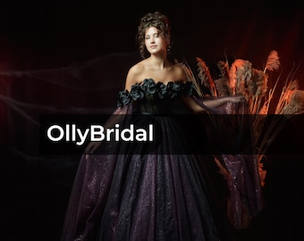 Black Purple Bridal Dress, Black Gothic Wedding Dress, Off Shoulder Corset Wedding Dress, Elegant Wedding Dress, Purple Bridal Gown
