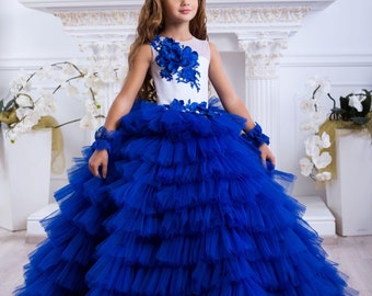 Beautiful Royal Blue Flower Girl Dress Birthday Wedding Party Holiday Bridesmaid Ball Gown Party Dress For Baby Girl