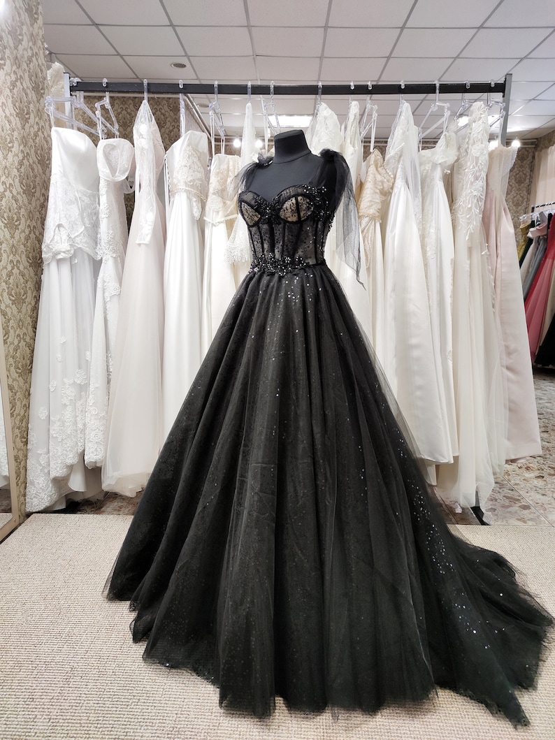 Tulle Black Party Dress, Prom Evening Dress, Off Shoulder Gown, Prom Dress, A-Line Party Dress, Maxi Corset Dress, Elegant Evening Dress image 2