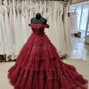 Burgundy Wedding Dress, Backless Red Tulle Long Evening Dress, Sexy Backless Prom Dress, Black Prom Gown, Gothic Black Wedding Dress