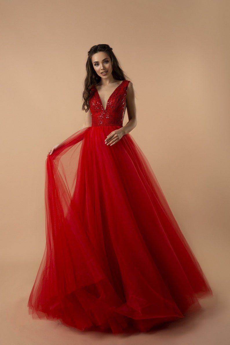 Red Tulle Dress Tulle Simple Dress Prom Dress Evening image 0