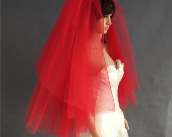 Red Bridal Veil, Wedding Veil, Bridal Veil, Wedding Veil With Embroidery, Cut Edge Veil,SimpleVeil,Red Bride Accessories