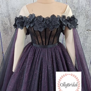 Black Purple Bridal Dress, Black Gothic Wedding Dress, Off Shoulder Corset Wedding Dress, Elegant Wedding Dress, Purple Bridal Gown