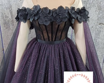 Black Purple Bridal Dress, Black Gothic Wedding Dress, Off Shoulder Corset Wedding Dress, Elegant Wedding Dress, Purple Bridal Gown