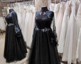 Tulle Lace Dress, Black Evening Simple Dress, Prom Dress, Evening Dress, Cocktail Dress, Feminine Party Dress,Floral Maxi Wedding Dress