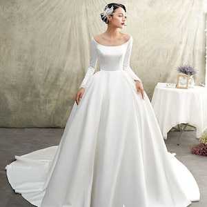 Satin Long Sleeves Wedding Dress Romantic Wedding Dress - Etsy