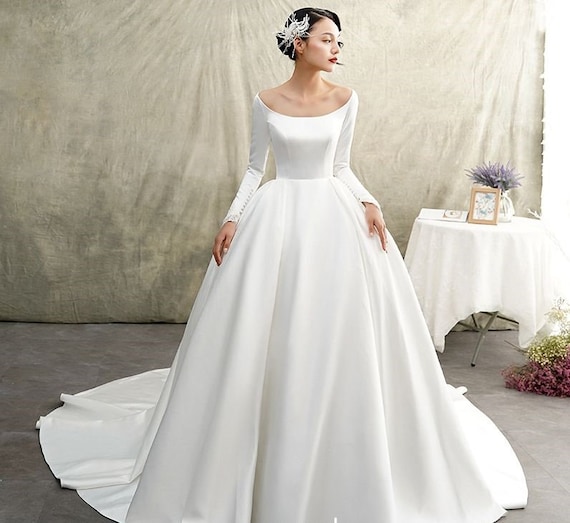 Satin Long Sleeves Wedding Dress, Elegant Dress, Romantic Wedding