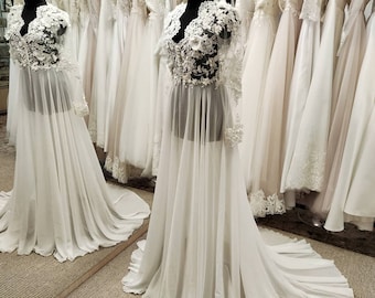 Boudior Kleid, Hochzeit Elfenbein Robe, Spitzen Robe, Flitterwochen Sexy Nachthemden, Romantische Nachtwäsche Braut