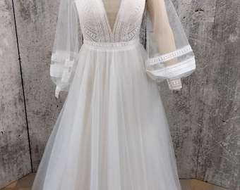 Wedding Dress Boho Style,Rustic Dress, Elegant Long Bridal Gown, Long Sleeves Wedding Dress