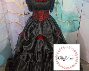 Gotisk brudklänning, svart brudklänning, handgjord brudklänning, svart förlovningsbrudklänning, svart Halloween-brudklänning