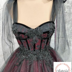 Black Burgundy Wedding Dress Long Train, Off Shoulder Wedding Dress, Gothic Bridal Gown. Halloween Black Wedding Dress