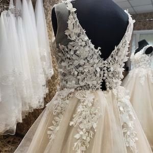 Elegant Wedding Dress, Romantic Bridal Dress, Long Train Wedding Dress, Boho Floral Lace Dress Deep V-neckline, Rustic Wedding Dress image 3