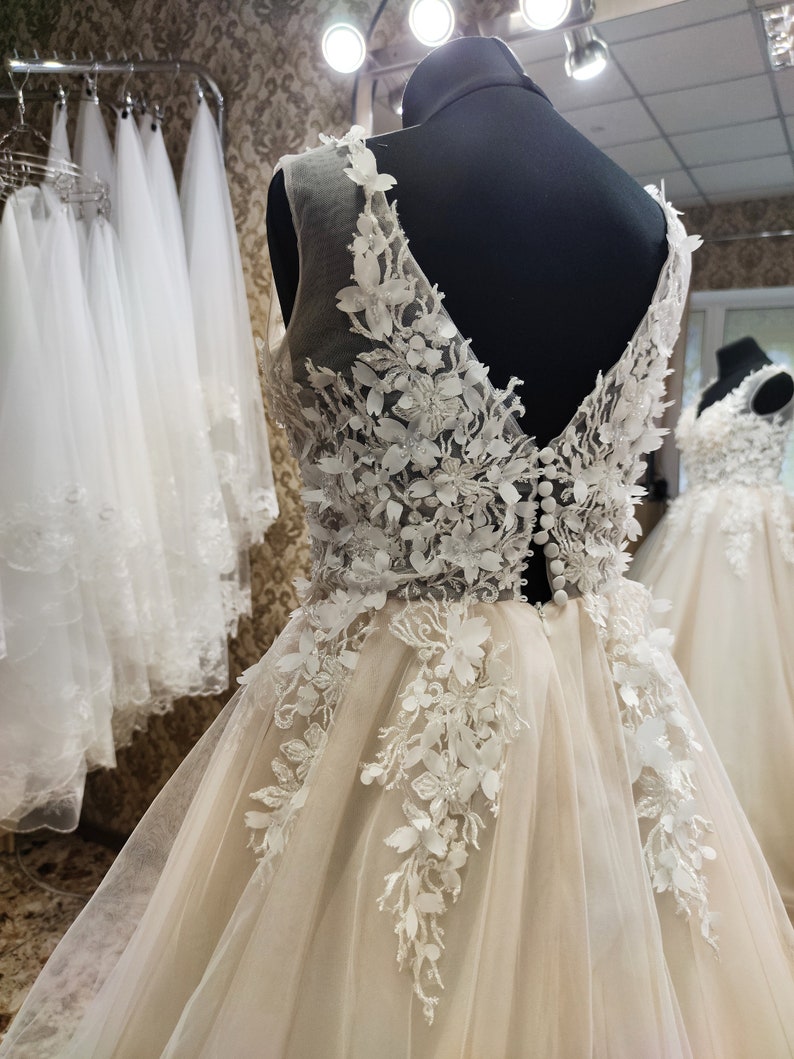 Elegant Wedding Dress, Romantic Bridal Dress, Long Train Wedding Dress, Boho Floral Lace Dress Deep V-neckline, Rustic Wedding Dress image 3