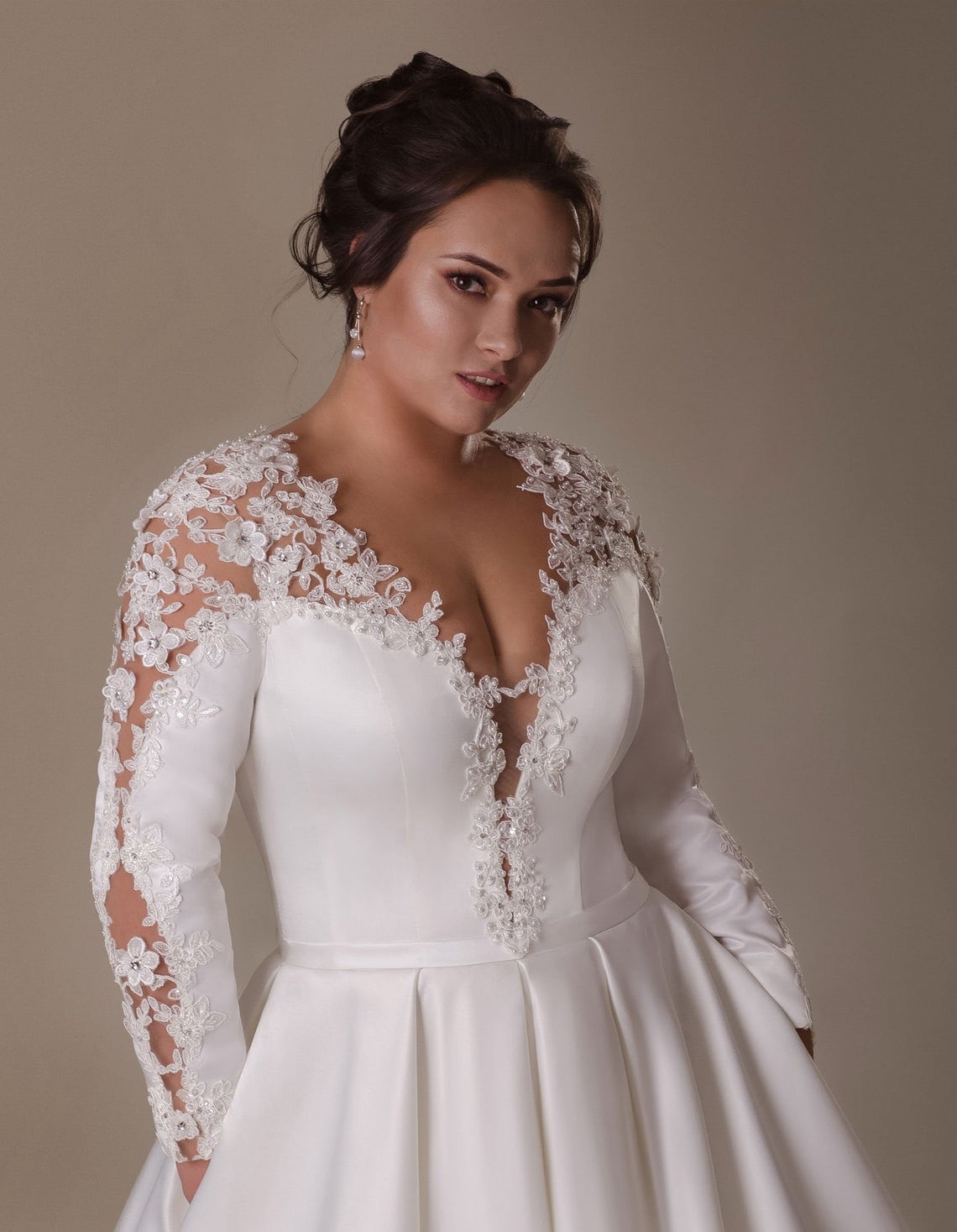 Buy Satin Lace Wedding Dress, Plus Size Bridal Gown, Long Sleeves