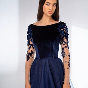 Navy Blue Evening Dress, Elegant Prom Gown, Tulle Maxi Dress, Long Sleeve Dress, Alternative Wedding Dress