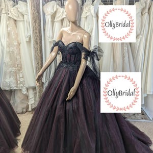 Halloween Black Wedding Dress, Black Burgundy Wedding Dress Long Train, Off Shoulder Wedding Dress, Gothic Bridal Gown