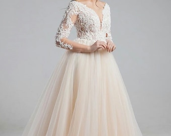 Elegant Wedding Dress, Romantic Bridal Dress,Embroidery Wedding Dress,Long Train Wedding Dress,Minimalism Dress,Romantic Dress,Lace Dress