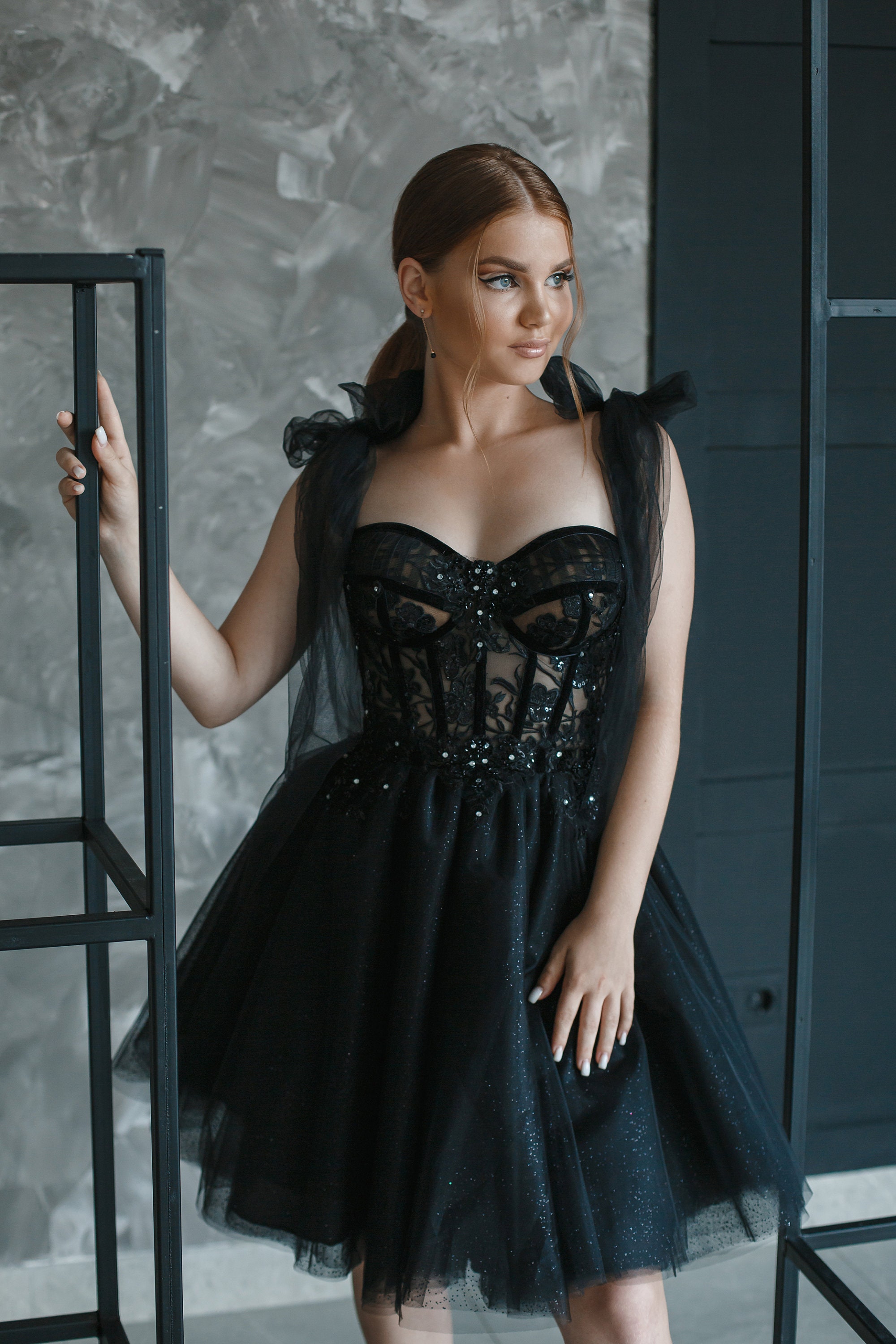 Black Prom Dress, Black Evening Dress, Cocktail Dress, Feminine Party Dress,Floral Midi Wedding Dress