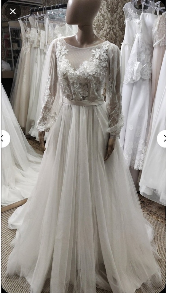 Beach Ceremony Dress Tulle Lace Dress Transparent Sleeves With Flower Dress Boho Weding Dress A line Wedding Dress Etsy