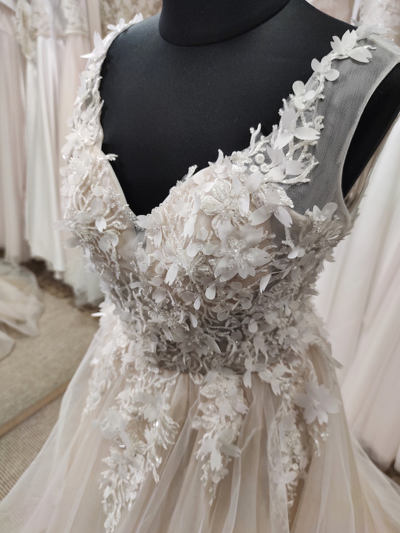 Elegant Wedding Dress, Romantic Bridal Dress, Long Train Wedding Dress, Boho Floral Lace Dress Deep V-neckline, Rustic Wedding Dress image 6