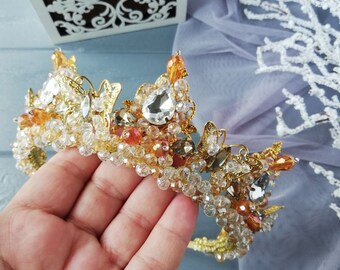 Gold Wedding Tiara,  Handmade Bridal Tiara, Royal Crystal Wedding Tiara, Bridal Tiara