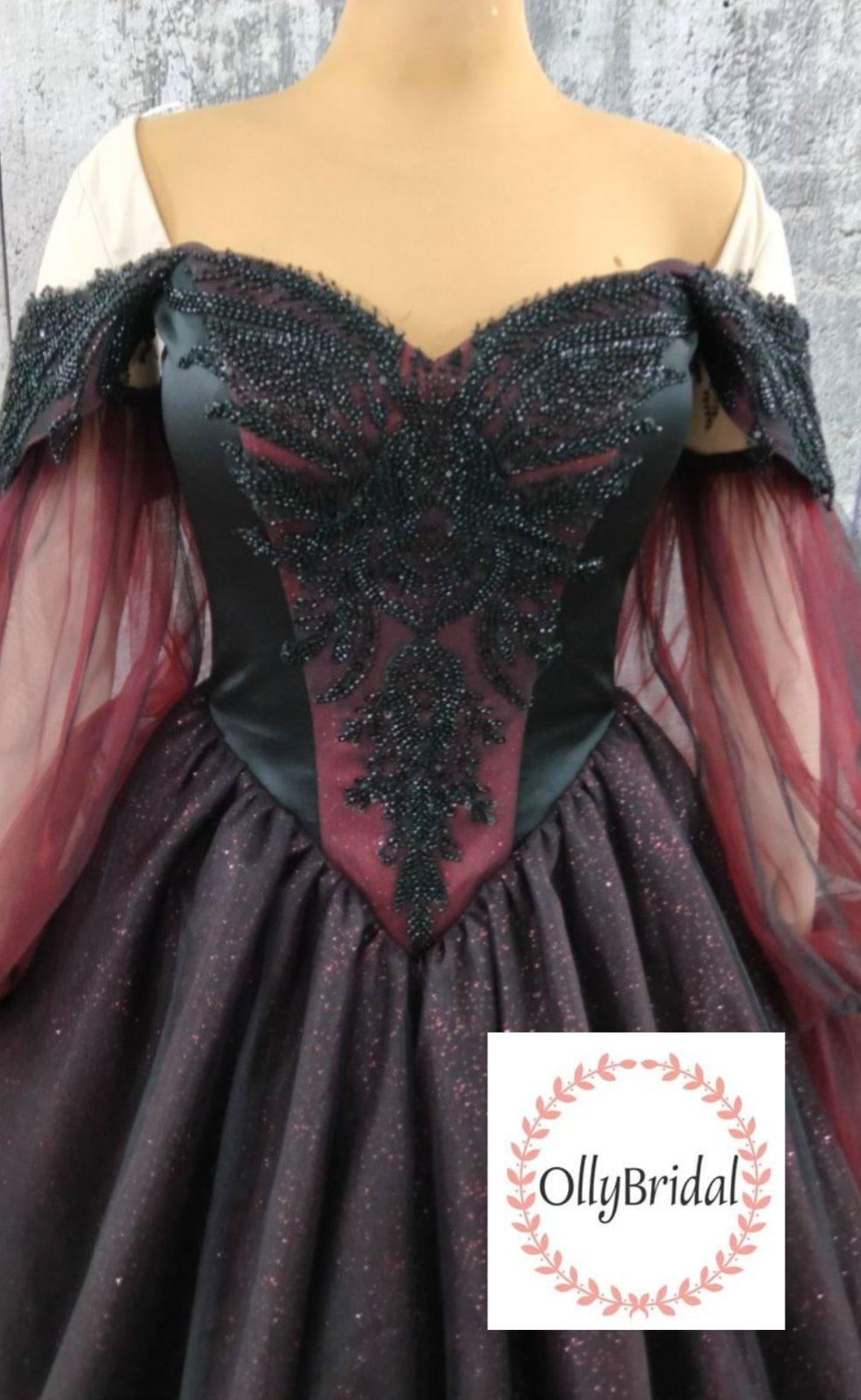 Black Burgundy Wedding Dress, Sleeve Wedding Gown, Gothic Wedding Dress, Black Lace Bridal Gown
