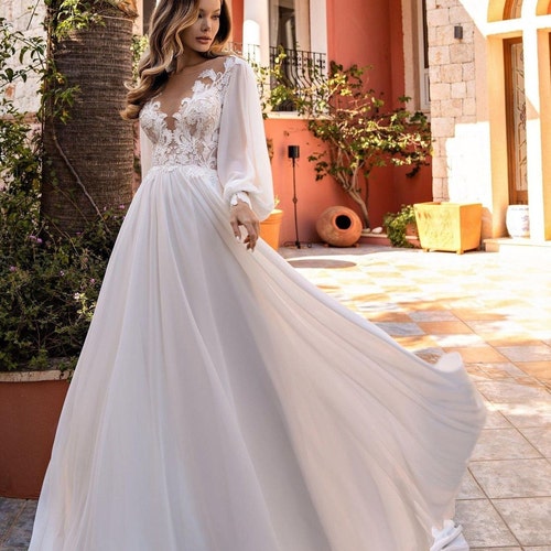 Ivory Open Back Wedding Dress Lace Three Quarters Sleeves - Etsy Israel